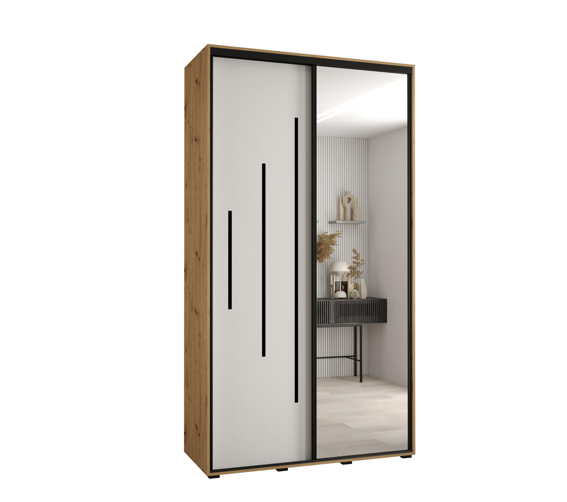 Abiks Möbel Schwebetürenschrank Eiche Artisan, Weiß, Schwarz 140x235x60 cm