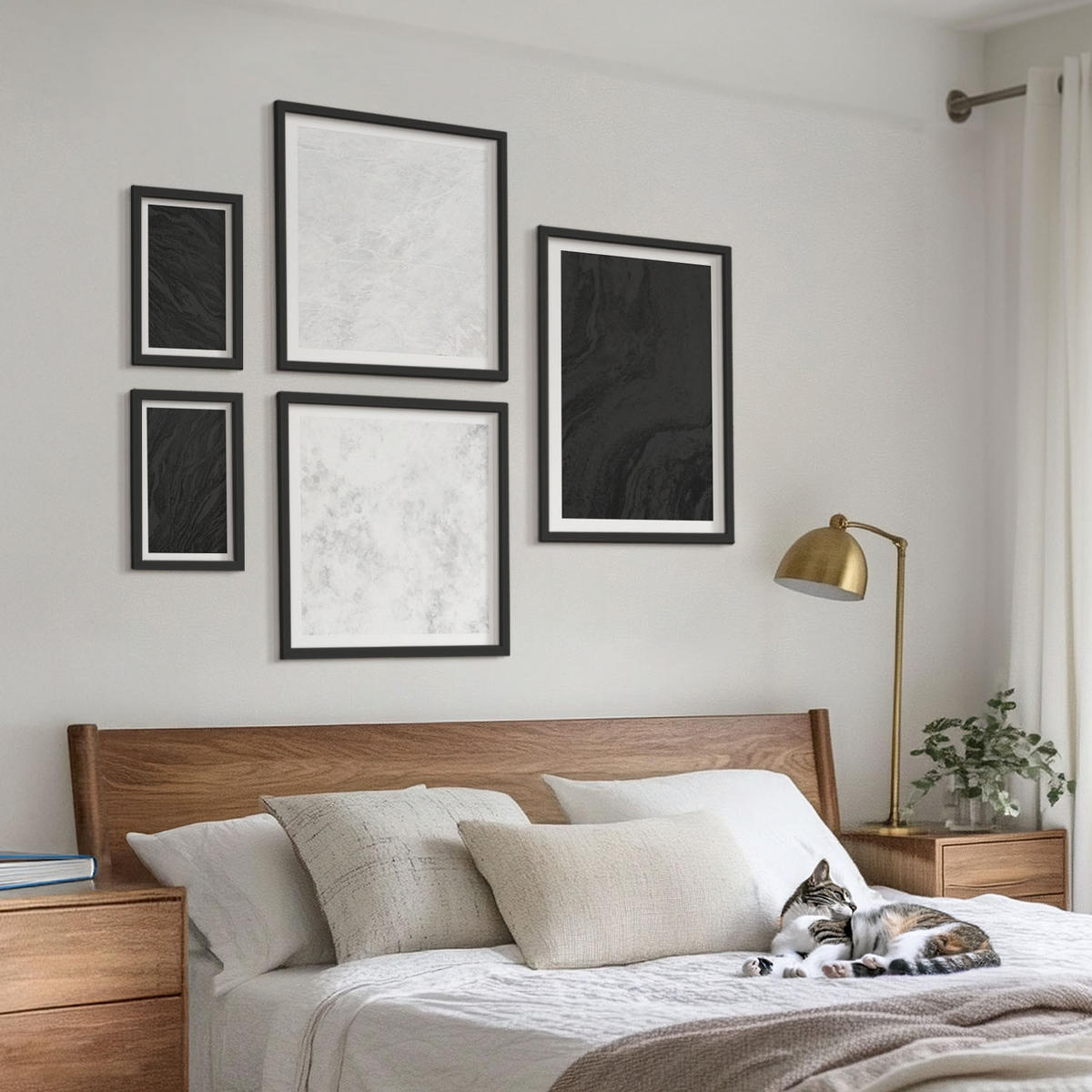BILDER SET 5er Set - 50x50 cm & 20x30 cm & 40x60 cm Schwarzer Rahmen - Dunkles Licht, glamouröse Marmor - Schwarz, Kunststoff (40/60cm) - TULUP