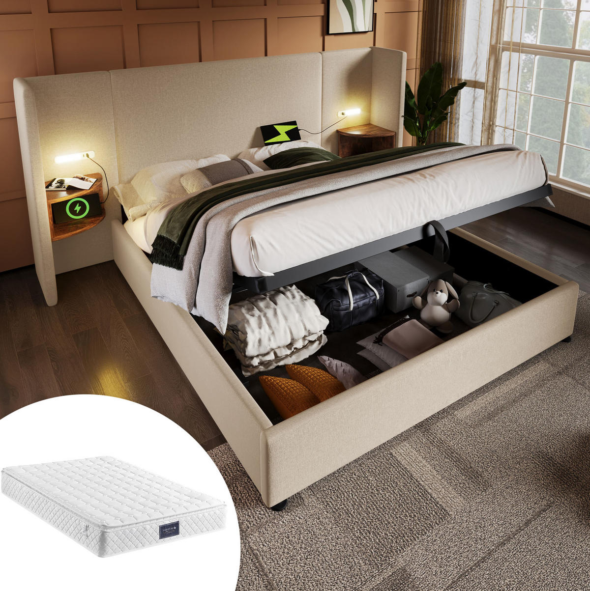 BETT mit Stauraum 160x200 cm Leinen Beige mit Matratze - Beige, Metall (160/200cm) - Meubliv
