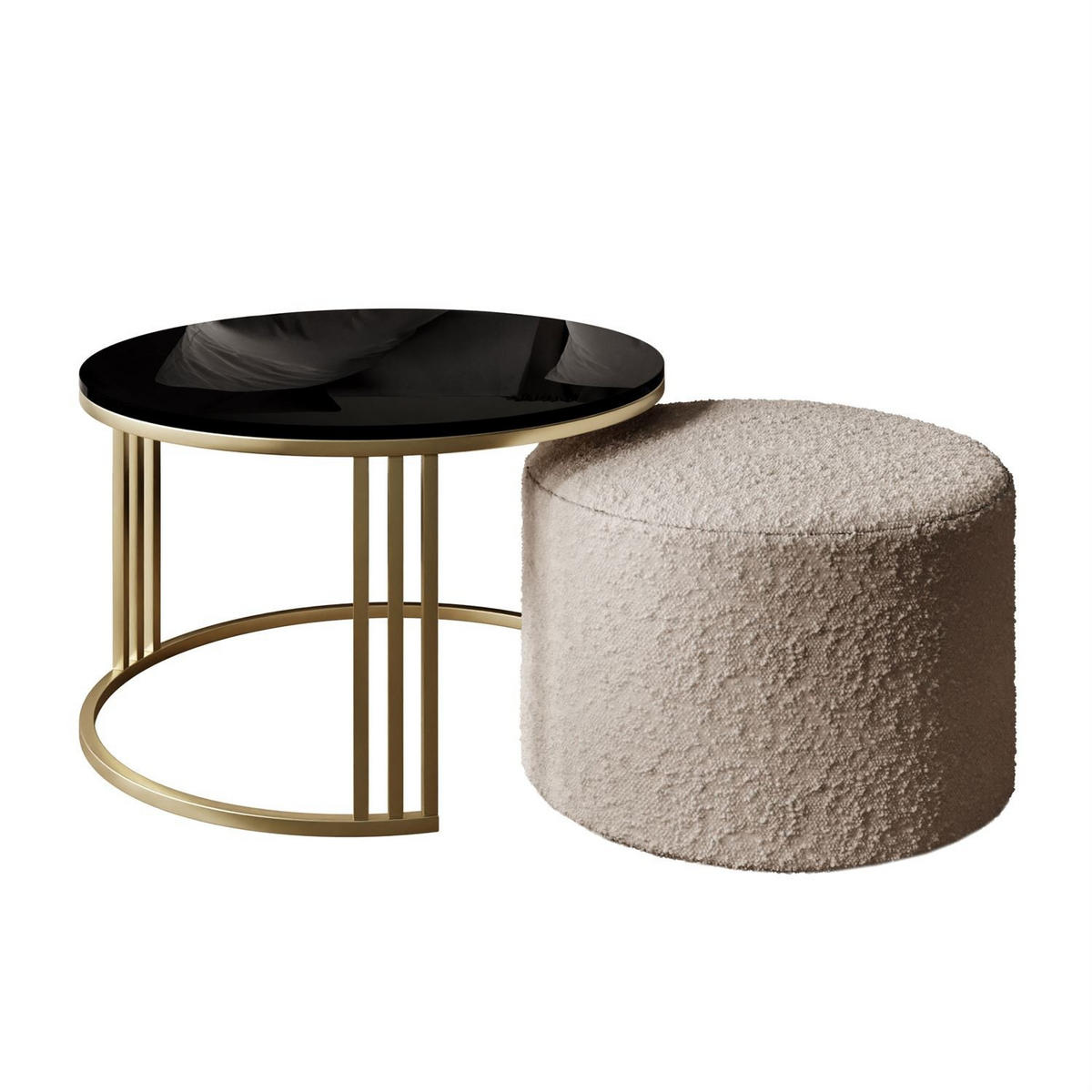 COUCHTISCH mit Hocker LORI Hochglanz gebürstetes Gold/Schwarz glänzend/Coral 50 - Schwarz, Metall (70/70/49cm) - Lookway