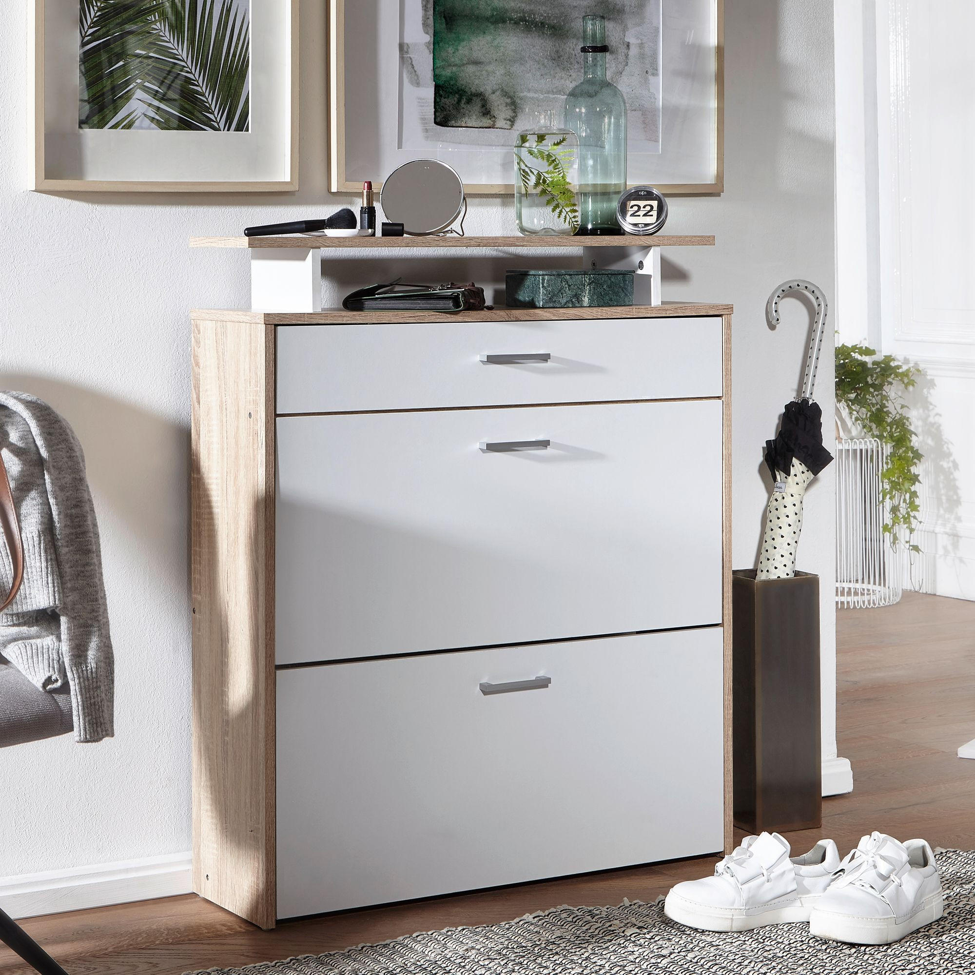 SCHUHKIPPER – Sonoma Eiche, 4 Fächer, großzügige Ablage, MDF-Holz - Beige, Holz (80/95/24cm) - KADIMA DESIGN