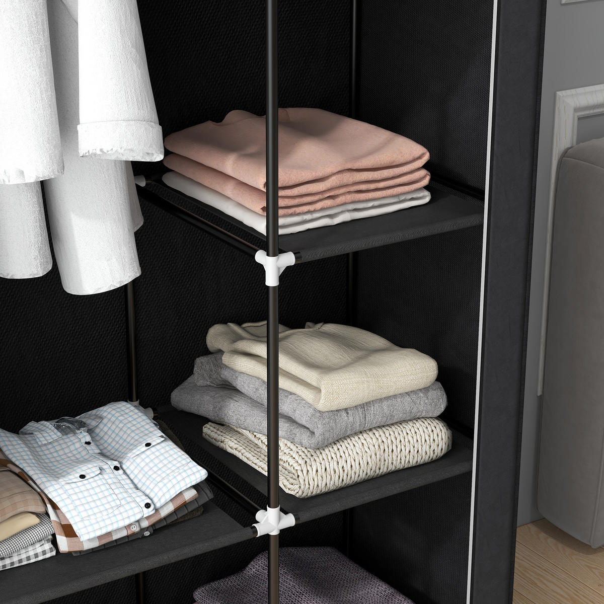 KLEIDERSCHRANK Stoffschrank Faltschrank mit 2 Kleiderstangen, 6 Fächern, Schwarz - Schwarz, Metall (43/162.5/103cm) - HOMCOM