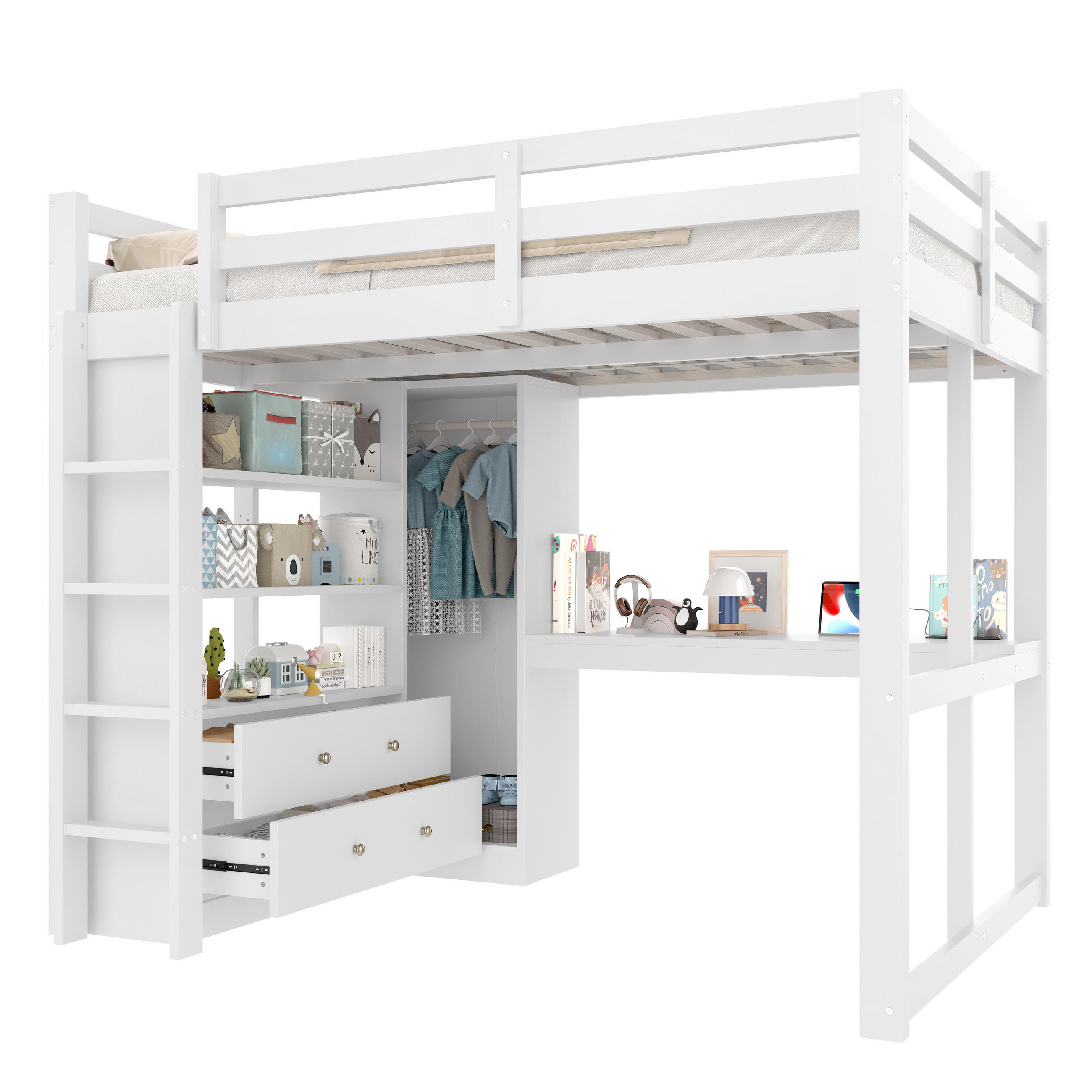 HOCHBETT 140/200 cm in Weiß mit Schreibtisch, 2 Schubladen, Regal, LED und USB - Weiß, Holzwerkstoff (140/200cm) - STILVORA