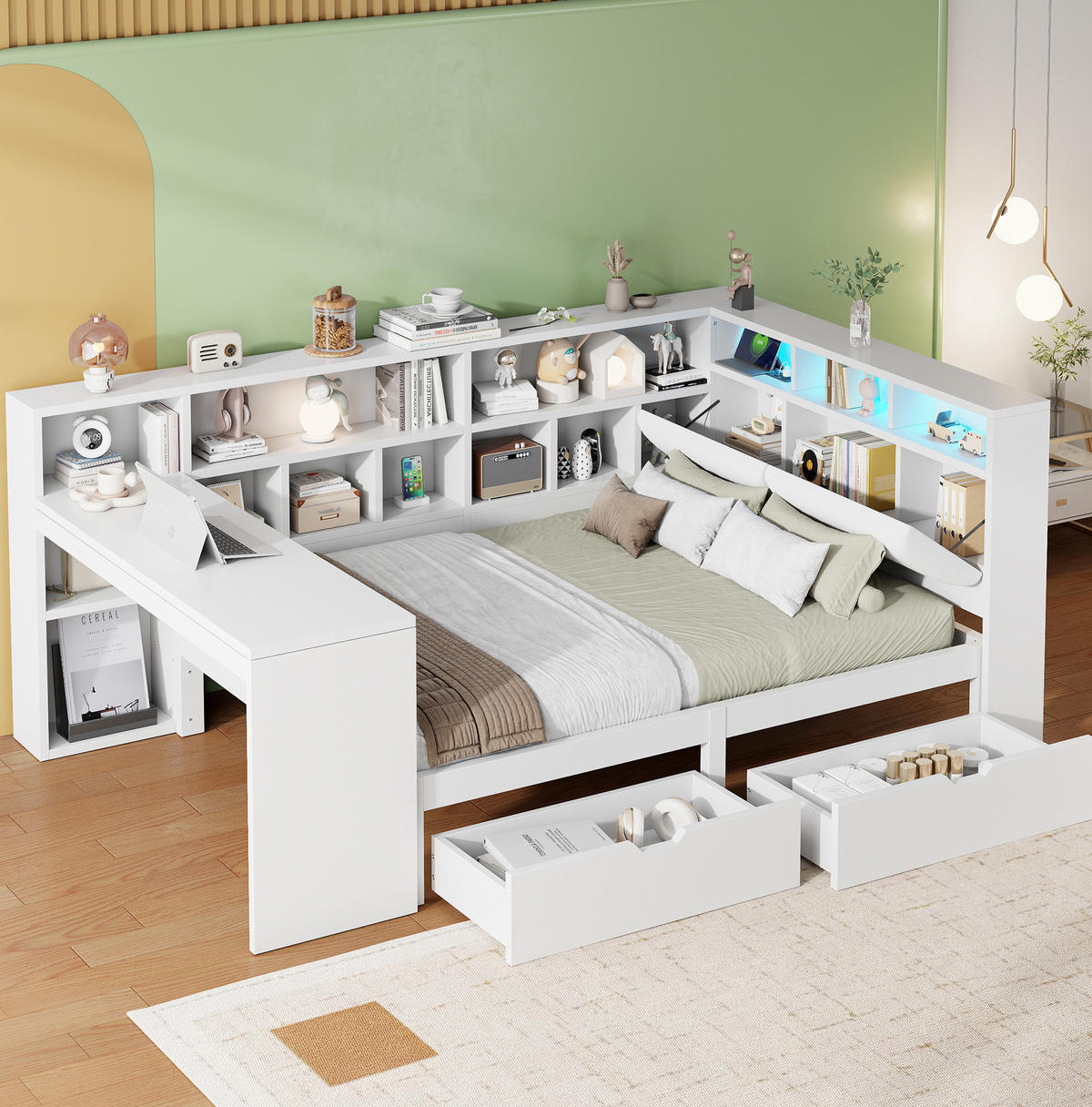 POSTEĽ 140/200 cm biela z MDF a preglejky s písacím stolom, knižnicou, zásuvkami a LED čelom - biela, kompozitné drevo (140/200cm) - OKWISH