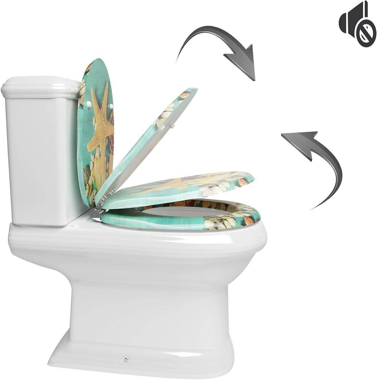 WC SITZ mit Absenkautomatik, MDF Holzkern,Groß Seestern - Gelb/Grün, Holzwerkstoff (37/2.5/43cm) - Woltu