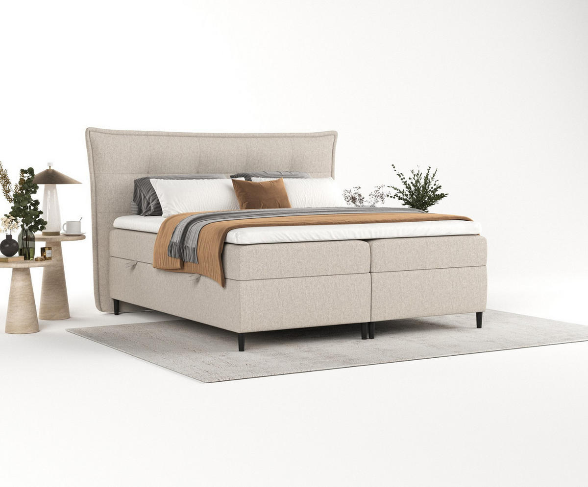 BOXBETT Las Palmas 180/200 cm Hellbeige im Megan Stoff - Sandfarben/Schwarz, Holz/Holzwerkstoff (180/200cm) - AltaBeds