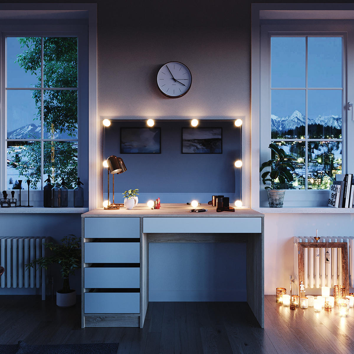 SCHMINKTISCH Sherry Weiß/Sonoma 120 cm mit LED Beleuchtung - Weiß/Sonoma Eiche, Holzwerkstoff (120/75/55cm) - Vicco