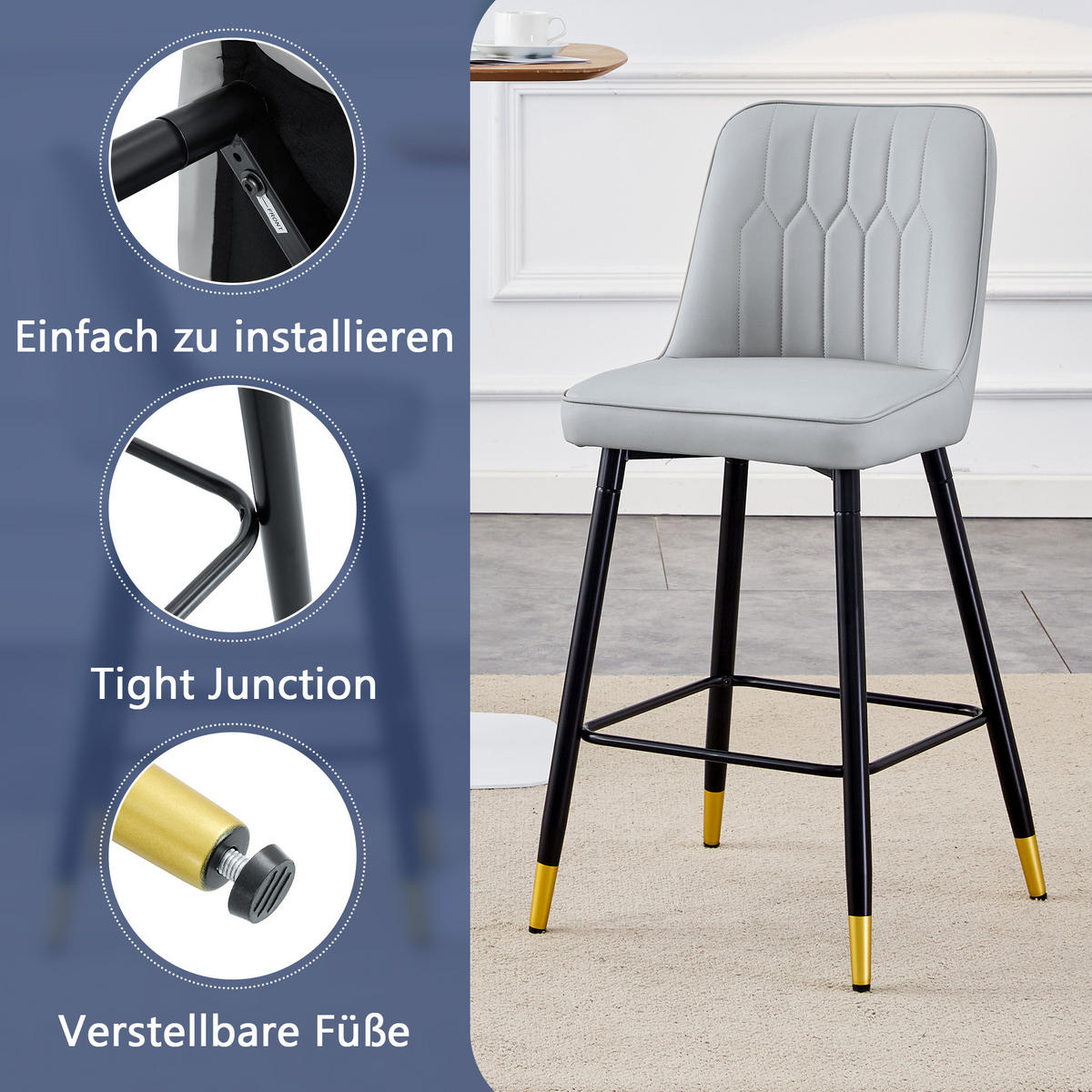 BARHOCKER 2er-Set Hellgrau mit PU-Leder und Fußraste - Hellgrau, Metall (42/100/45cm) - PANGIVO