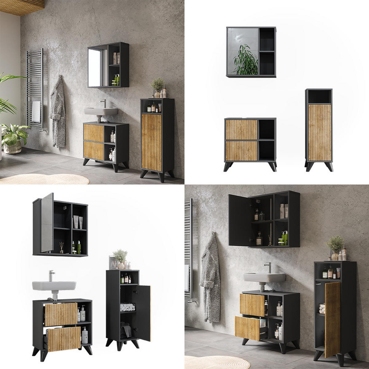 BADMÖBEL-SET Leano Anthrazit/Bergeiche 3 Teile - Eichefarben/Anthrazit, Holzwerkstoff (60/62/30cm) - Vicco