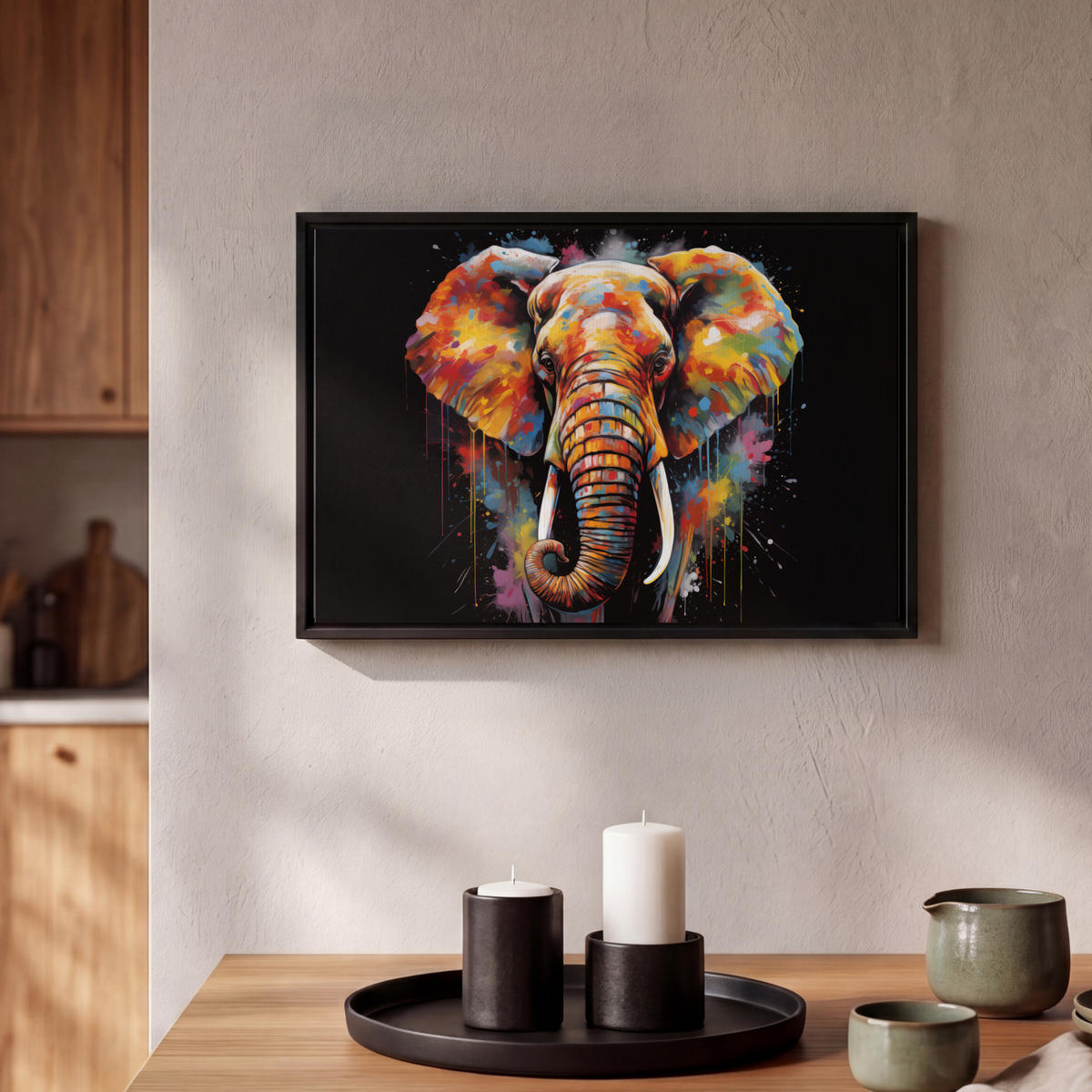 LEINWAND Bilder mit Rahmen - Elefant - Graffiti - Schwarz - Tiere - Farben - 30x20 - Schwarz, Textil (30/20cm) - MuchoWow