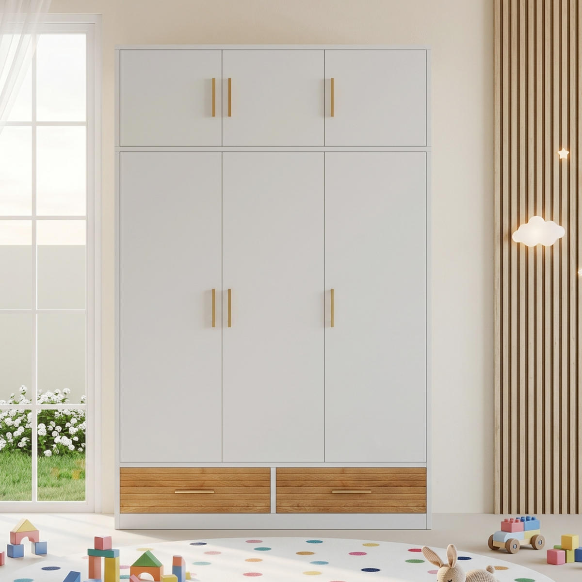 KINDERKLEIDERSCHRANK 120x50x180cm Weiß mit Oberfach und Schubladen - Weiß, Holz (61.6/13.49/133.3cm) - Raelunyi