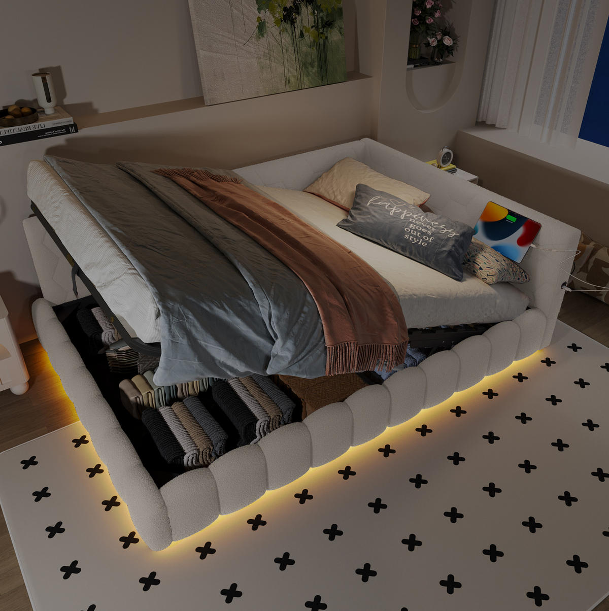POLSTERBETT 140/200 cm Weiß mit Stauraum, LED-Beleuchtung und USB - Weiß, Textil (140/200cm) - Flora Grace