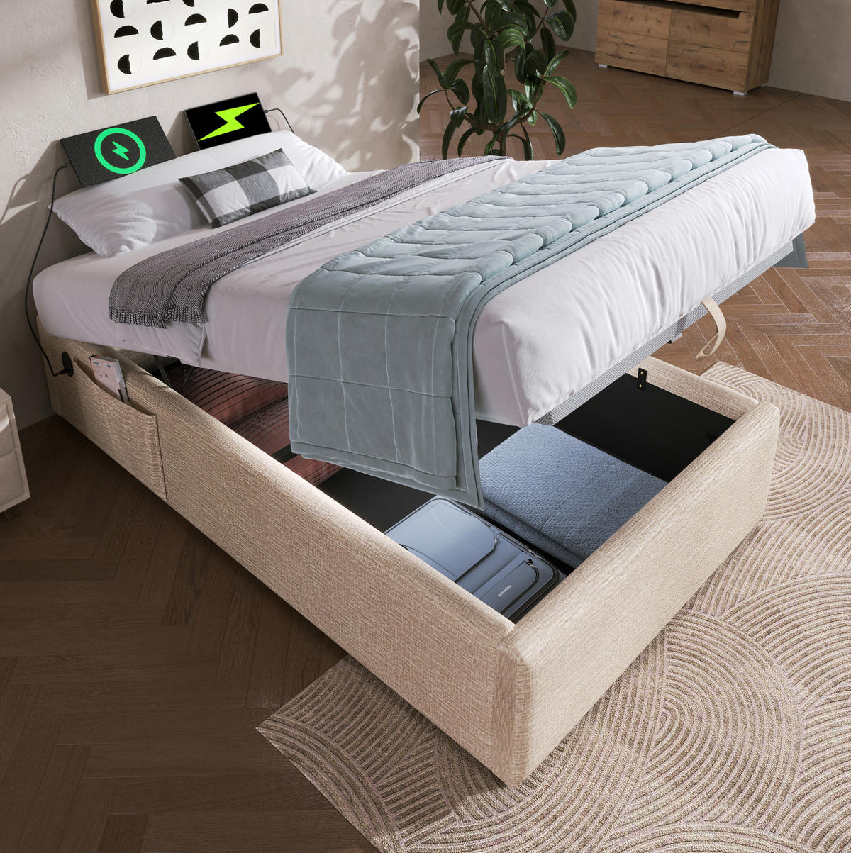 BETT mit Stauraum 90x190 cm Leinen Natur USB/Type-C - Beige, Metall (90/190cm) - Meubliv