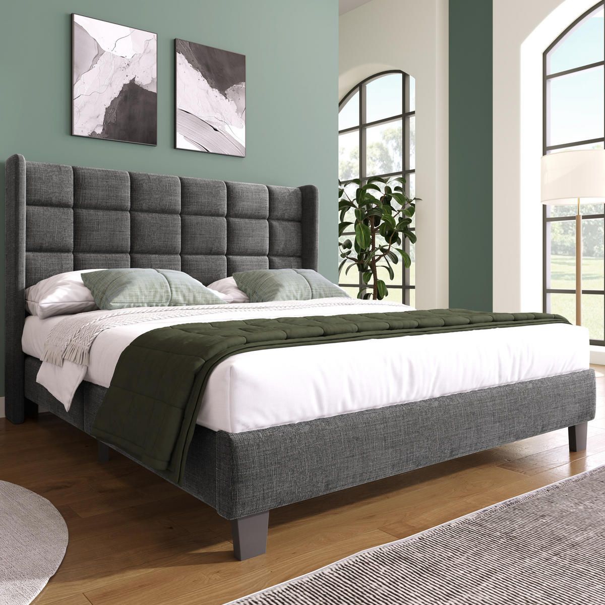 BETT mit Lattenrost 140x200 cm Leinen Grau - Grau, Metall (140/200cm) - Meubliv