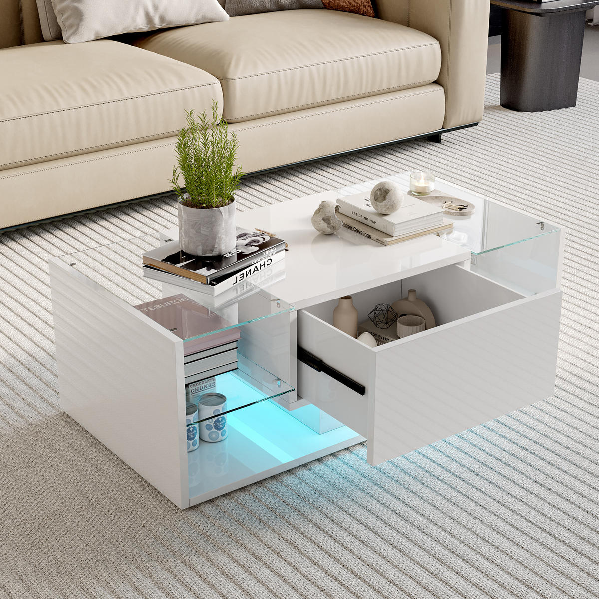 COUCHTISCH LED 100x50x35 cm Glas Hochglanz weiß - Weiß, Holz (50/100/35cm) - LEBENLANG