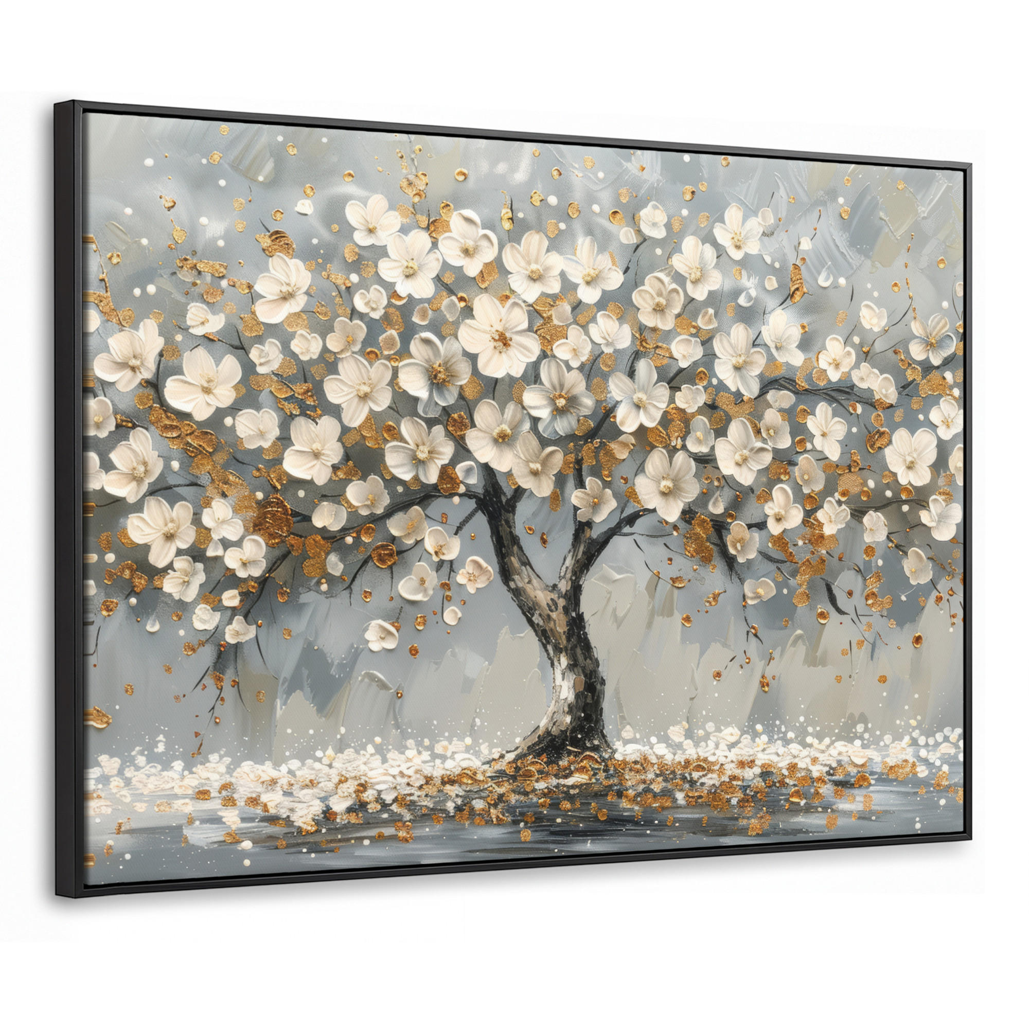LEINWAND Bilder mit Rahmen - Baum - Blumen - Weiß - Natur - Kunst - 70x50 - Weiß, Textil (70/50cm) - MuchoWow