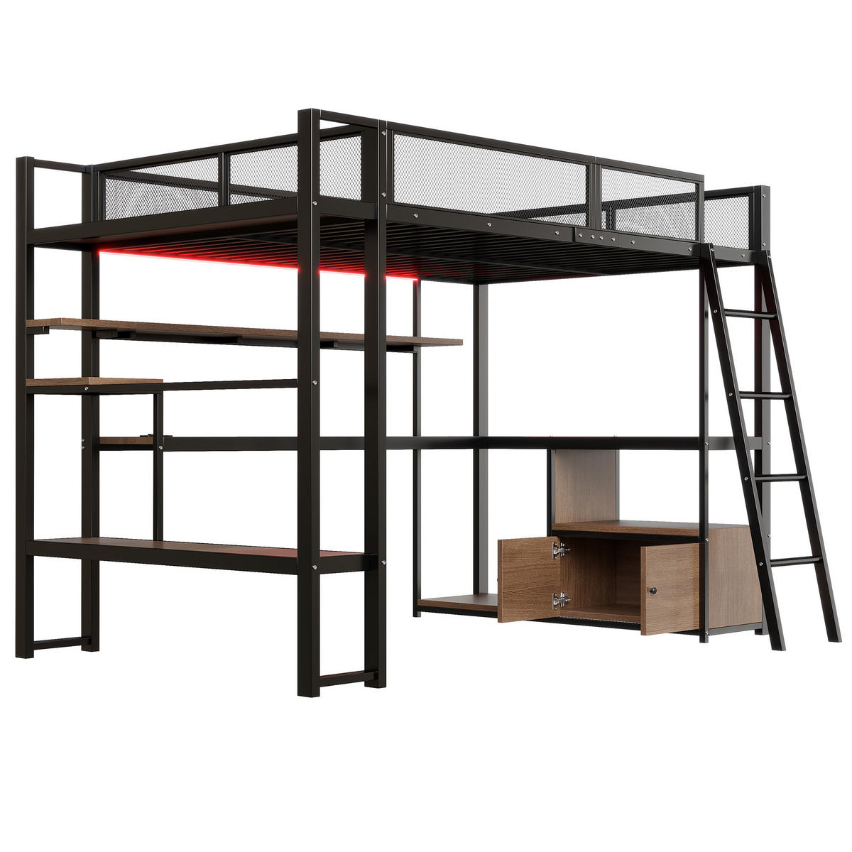 HOCHBETT 140/200 cm DE-03435, mit LED-Beleuchtung und Stauraum, in Schwarz - Schwarz, Holzwerkstoff/Metall (140/200cm) - ComfortXL