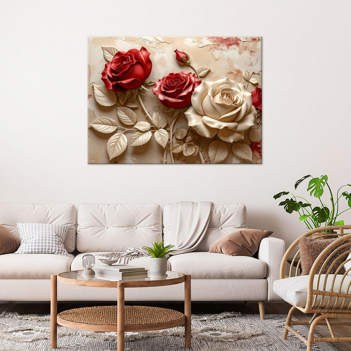 LEINWANDBILDER, Rote und weiße Rosen im Relief - Rot, Textil (30/20cm) - Feeby