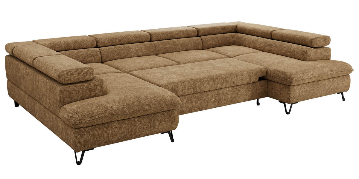 WOHNLANDSCHAFT PABLO U Schenille grob gewebt Hellbraun - Hellbraun/Schwarz, Textil/Metall (346/76/208cm) - MKS