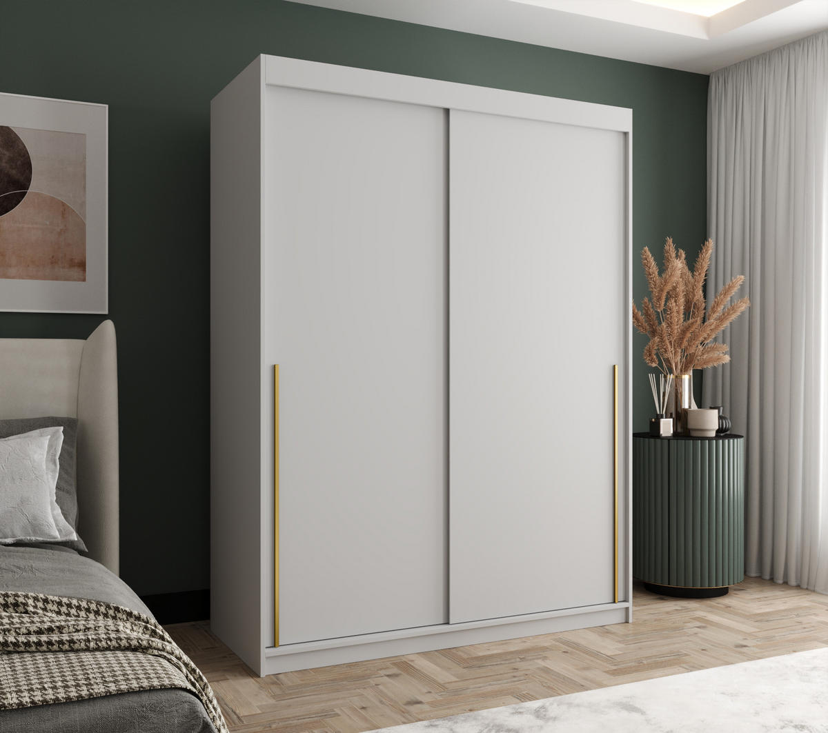 SCHIEBETÜRENSCHRANK 150 cm Breite Weiß mit goldenem Griff - Goldfarben/Weiß, Holzwerkstoff (150/200/62cm) - Home Collective