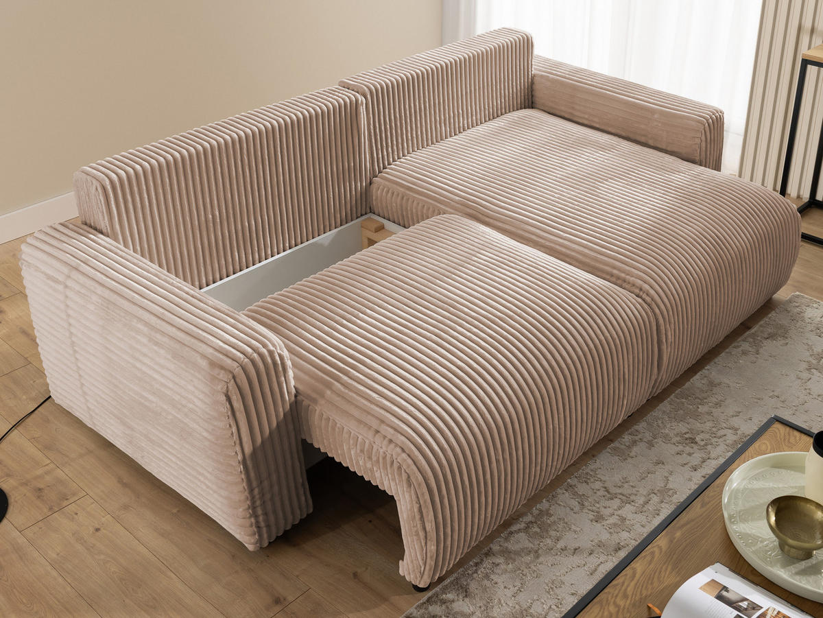 ECKSOFA Calma mit Schlaffunktion und Bettkasten im Bumpy-Design aus weichem Beige Plüschcord - Ottomane rechts - Beige/Schwarz, Holz/Kunststoff (140/239cm) - S-Style