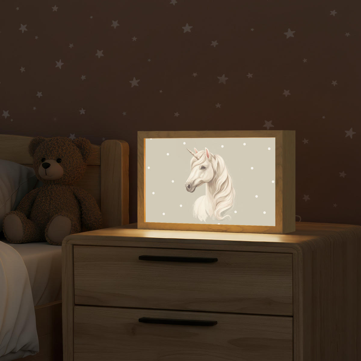 NACHTTISCHLAMPE Einhorn - Weiß - Punkte 30x20 cm - Taupe, Holzwerkstoff (8/30/20cm)