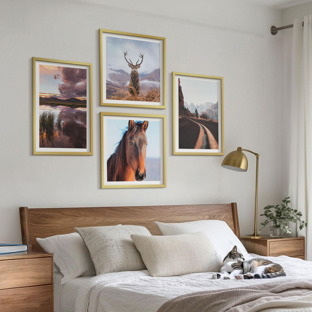 BILDER SET 4er Set - 50x50 cm & 40x60 cm Goldrahmen - Berglandschaften, Rentiere, Pferdestraße - Goldfarben, Kunststoff (50/50cm) - TULUP
