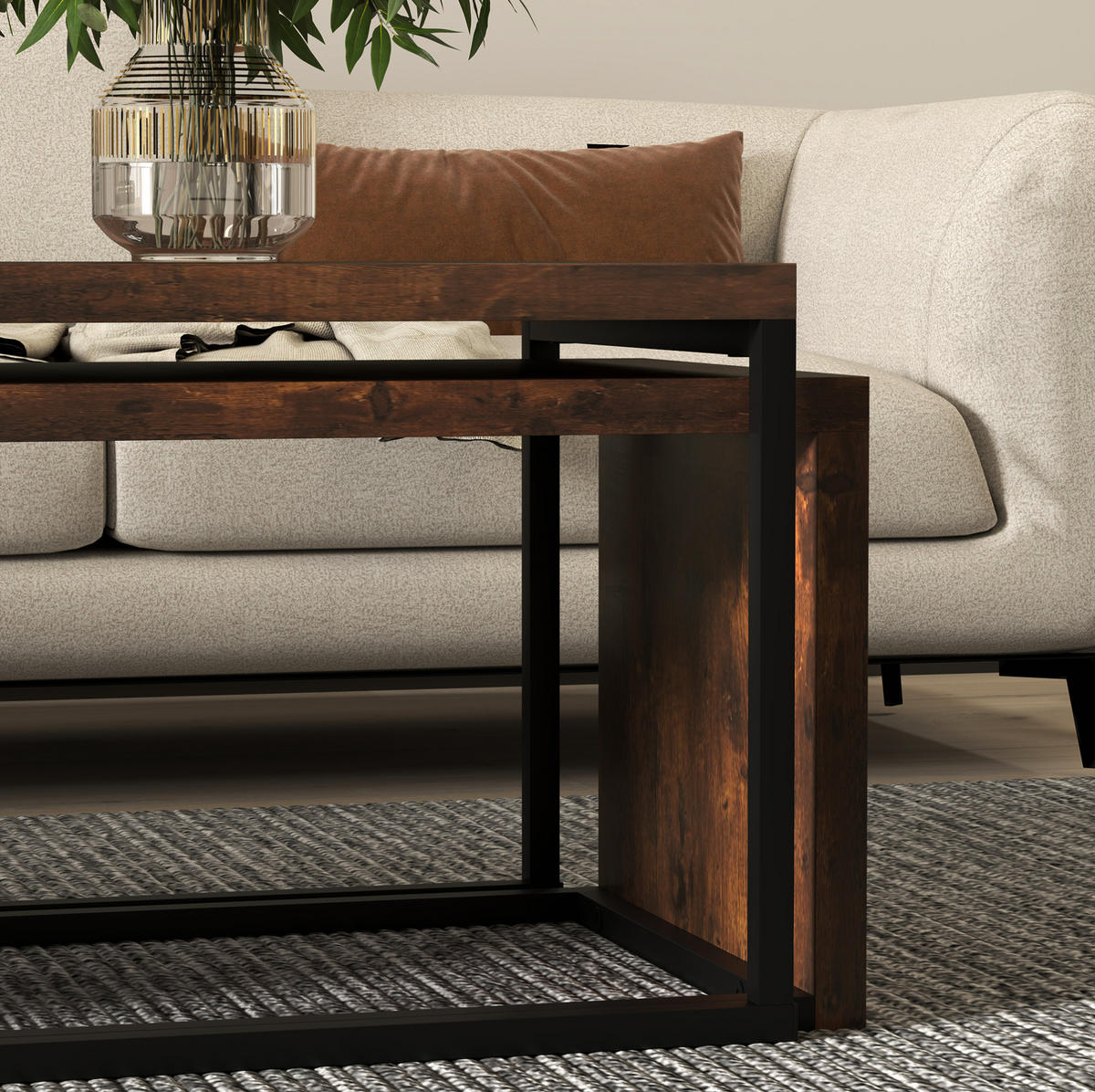 COUCHTISCH 90/48/42 cm und 59/42/36 cm rustikal braun aus Holz mit Metallrahmen - Braun, Holz (90/48/42cm) - OKMYHOME
