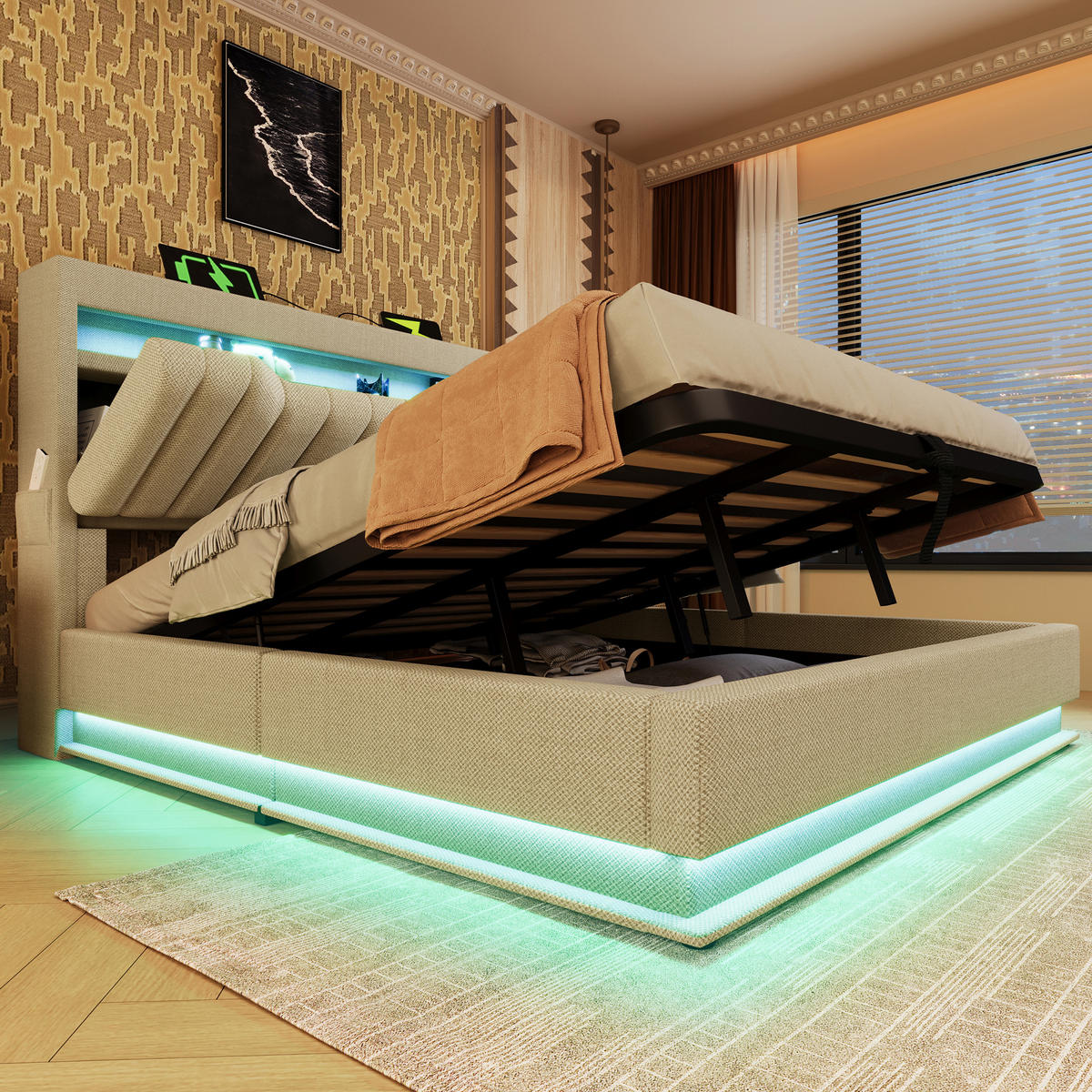 ČALOUNĚNÁ postel 140/190 cm béžová z lnu s LED osvětlením, USB a úložným čelem - béžová, textil (140/190cm) - OKWISH