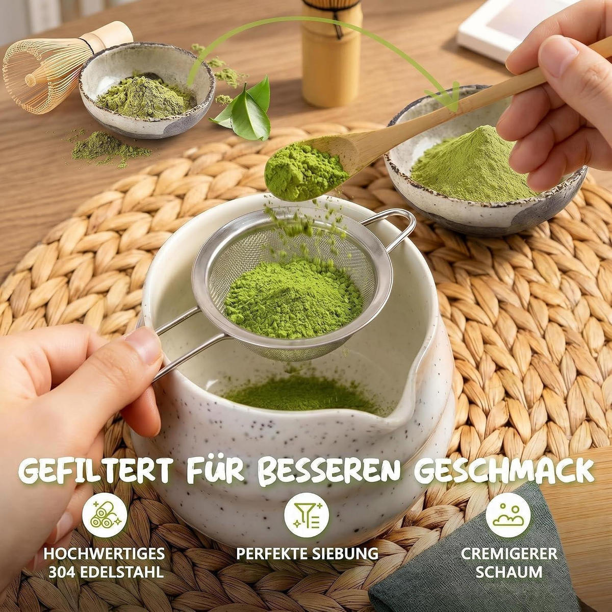 MATCHA Set 8-teilig Keramikschale Bambusbesen Halter Löffel Sieb Tuch Weiß - Weiß, Keramik (16/12/30cm)