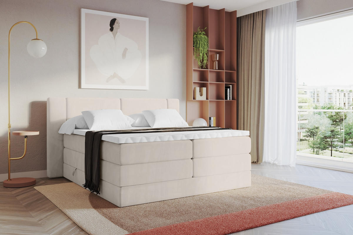 BOXSPRINGBETT mit Matratze H3/H4 - EVON KING - 140x200 cm Beige - Beige, Holzwerkstoff (140/200cm) - ALTDECOR