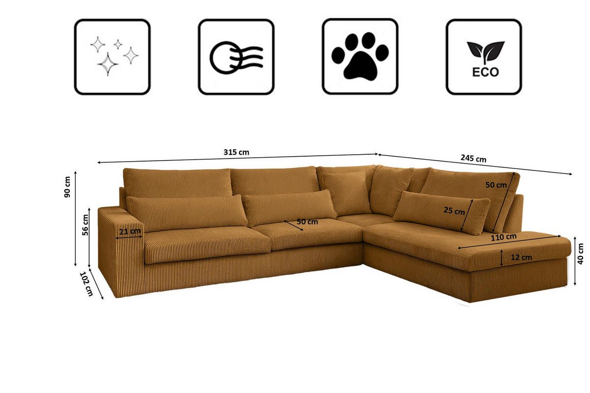 ECKSOFA L-Form SVEN Stoff Poso Senffarbe Rechts - Currygelb, Textil (315/245cm) - Kaiser Möbel