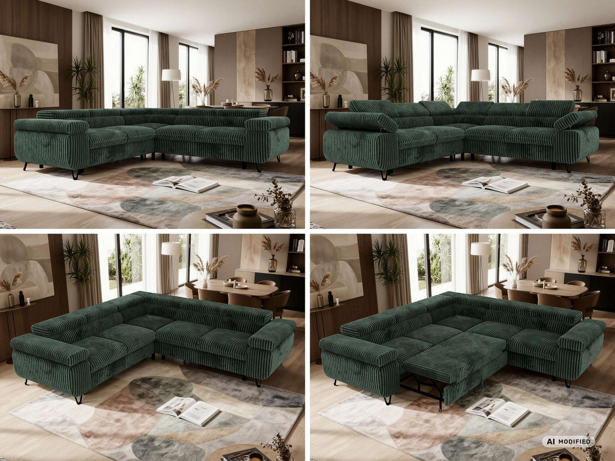 ECKSOFA QUADRO L - Dunkelgrün Cord - Rechts Seite - Dunkelgrün/Schwarz, Textil/Metall (269/269cm) - MKS