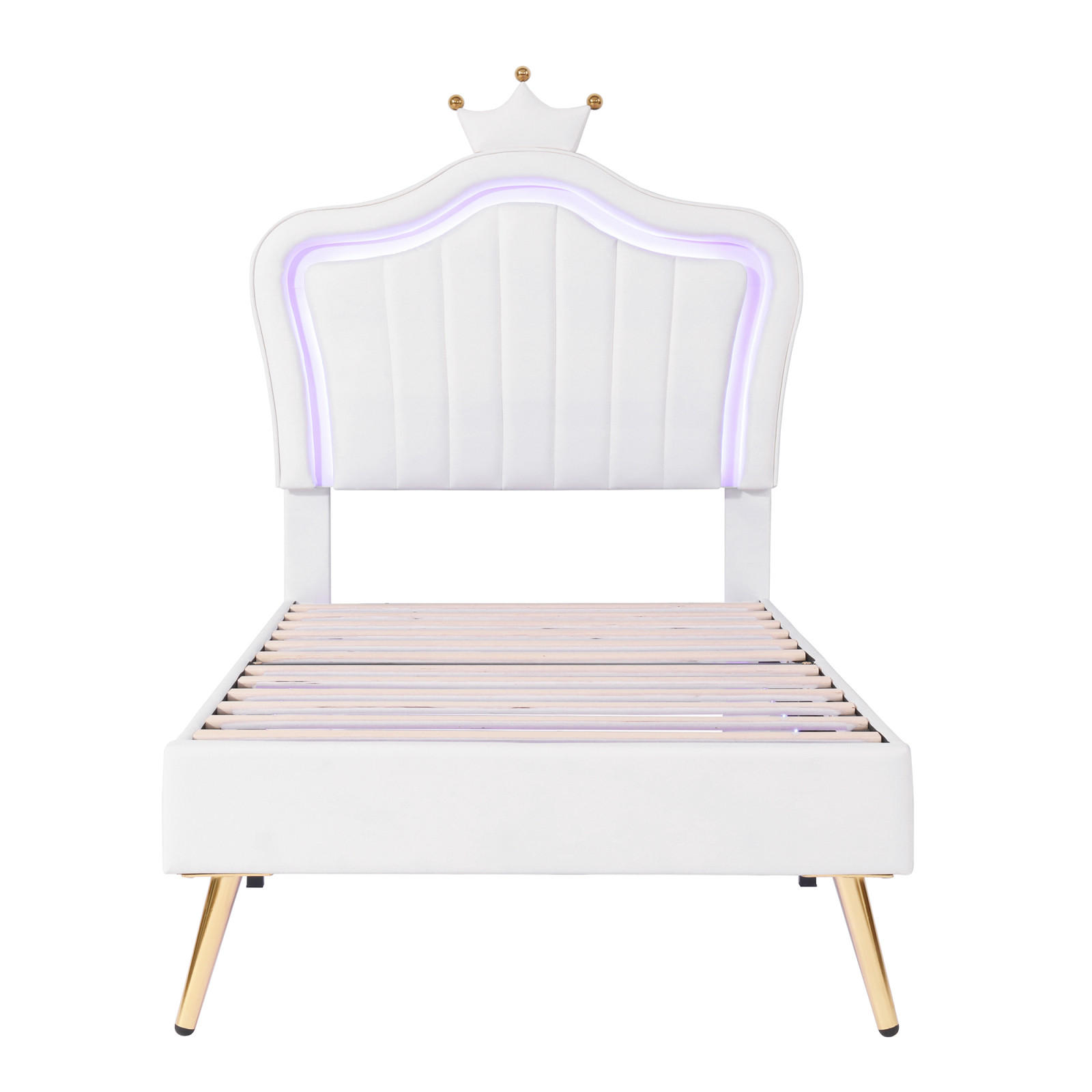 POLSTERBETT 90/200 cm, Weiß, PU, Kronen-Kopfteil, LED - Weiß, Holz (90/200cm) - SHOPENTRA