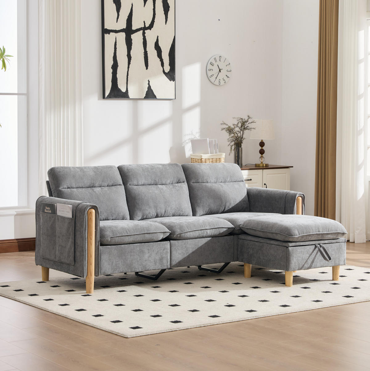 SOFA mit Stauraumhocker L-Form 201 x 77 x 86 cm Chenille Hellgrau - Hellgrau, Holz (77/201cm) - Meubliv