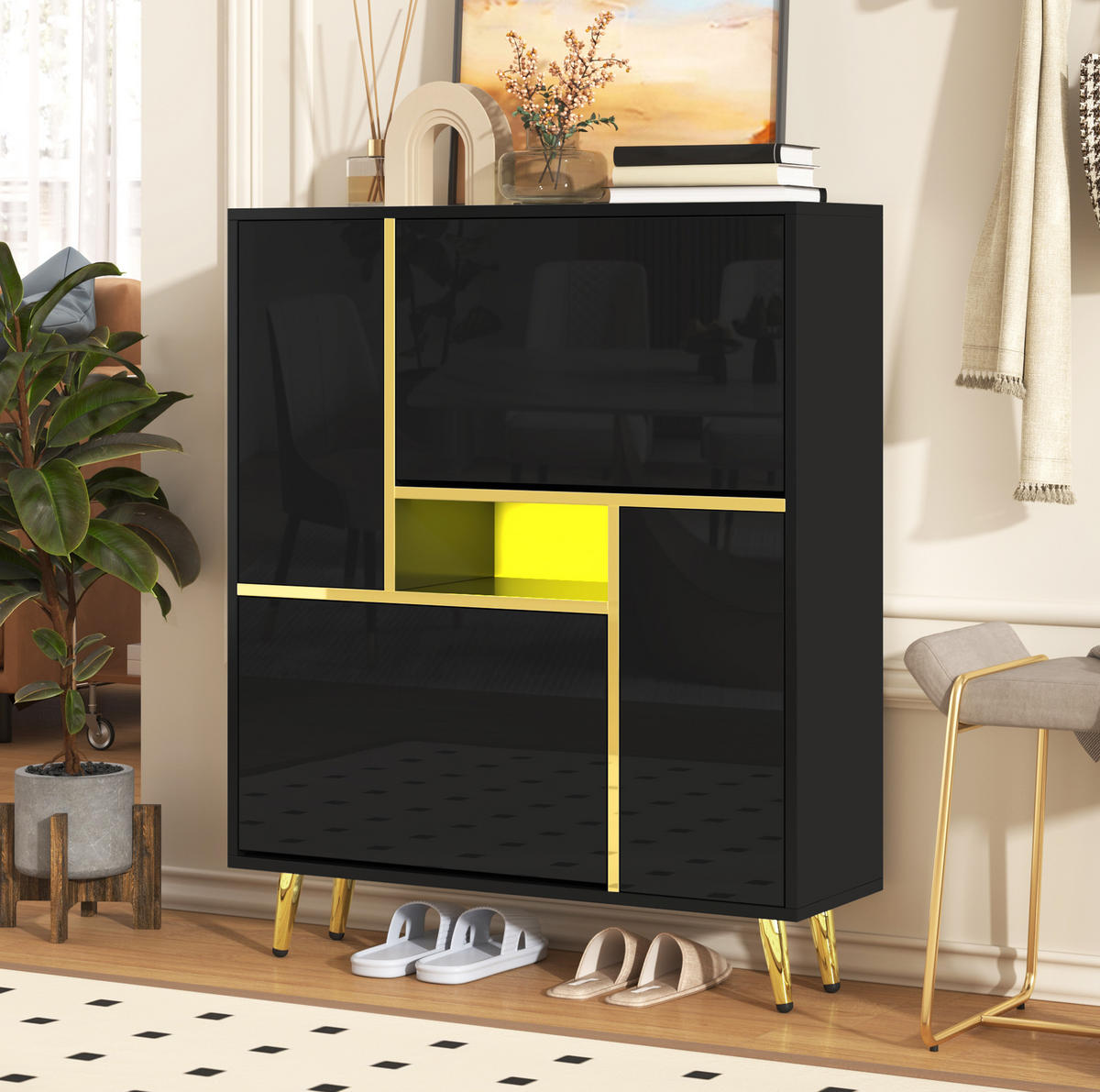 SCHUHSCHRANK aus Spanplatte 80x25x96cm in Schwarz mit 16-farbiger LED - Schwarz, Holzwerkstoff (80/96/25cm) - Modfu
