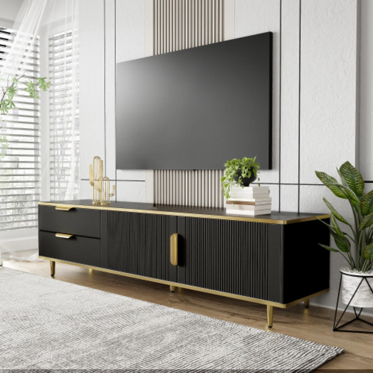 TV-SCHRANK 170/37/45 cm schwarz mit geschnitzter Struktur und goldenen Griffen - Schwarz, Holzwerkstoff (170/45/37cm) - OKWISH