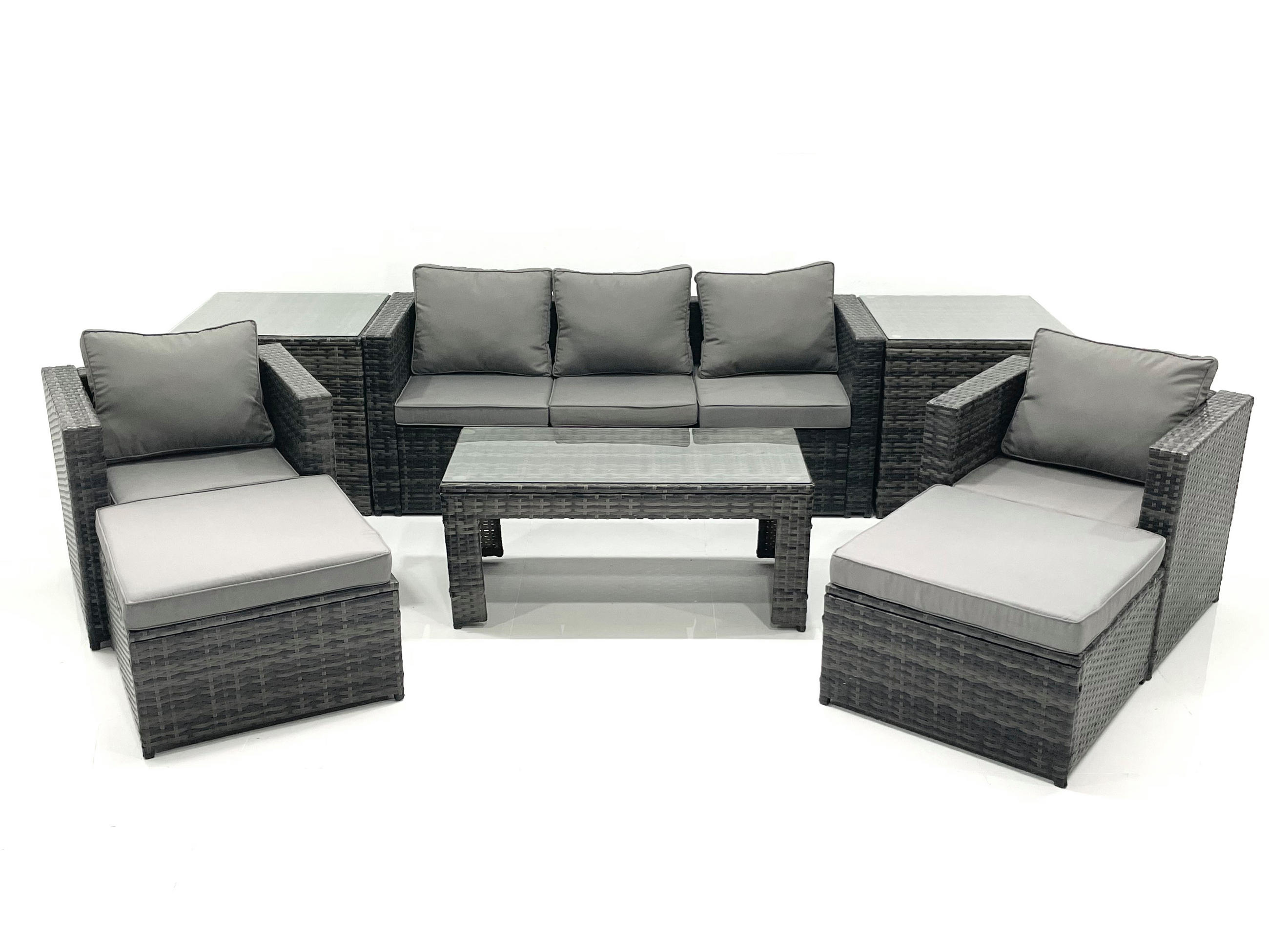 GARTENMÖBEL-SET COUCHTISCH SESSEL SOFA mit HOCKER Polyrattan Dunkelgrau Gemischt 7-Sitzer - Dunkelgrau/Grau, Glas/Kunststoff - Fimous