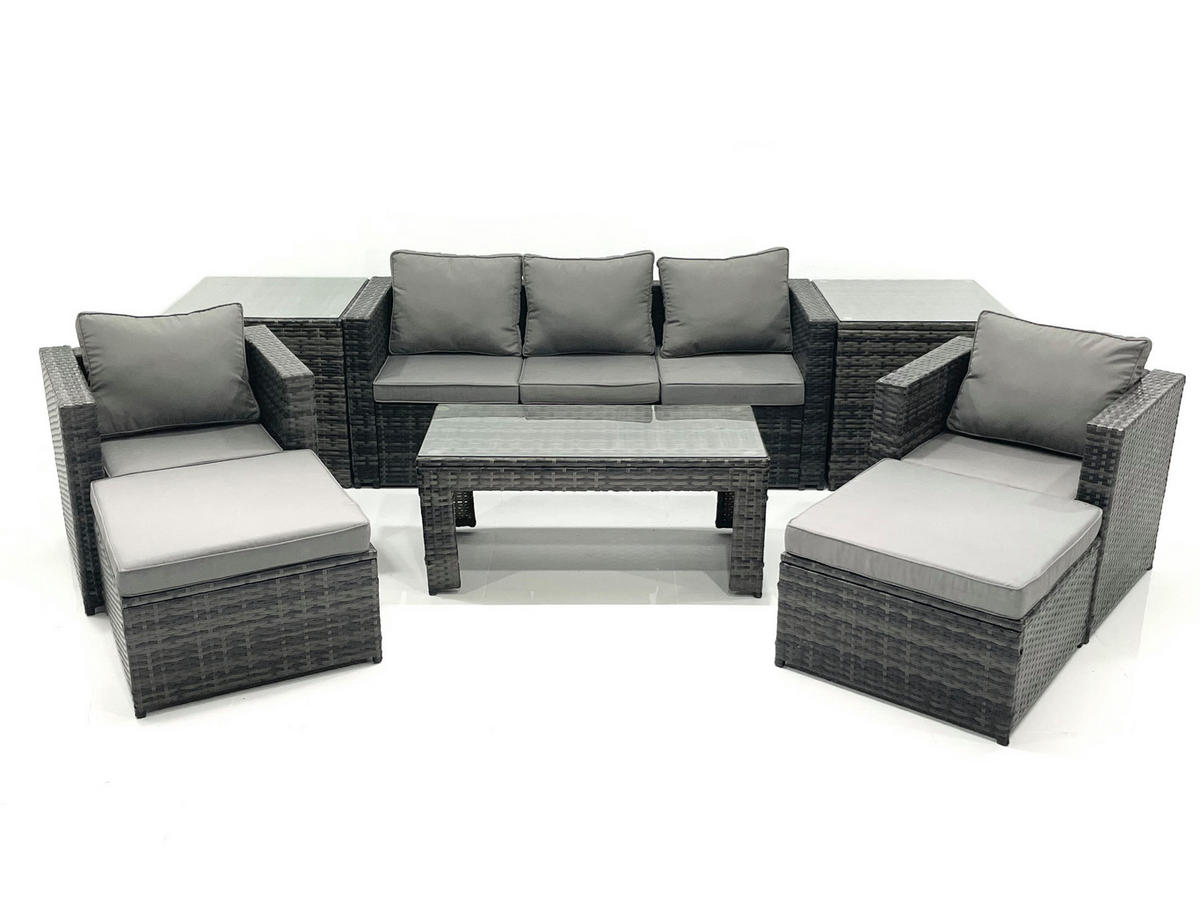 GARTENMÖBEL-SET COUCHTISCH SESSEL SOFA mit HOCKER Polyrattan Dunkelgrau Gemischt 7-Sitzer - Dunkelgrau/Grau, Glas/Kunststoff - Fimous