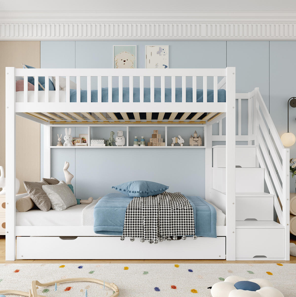 ETAGENBETT aus Kiefernholz und MDF 90x200 cm Weiß mit Ausziehbett, Stauraumtreppe und Kleiderschrank - Weiß, Holzwerkstoff (90/200cm) - IVMEU
