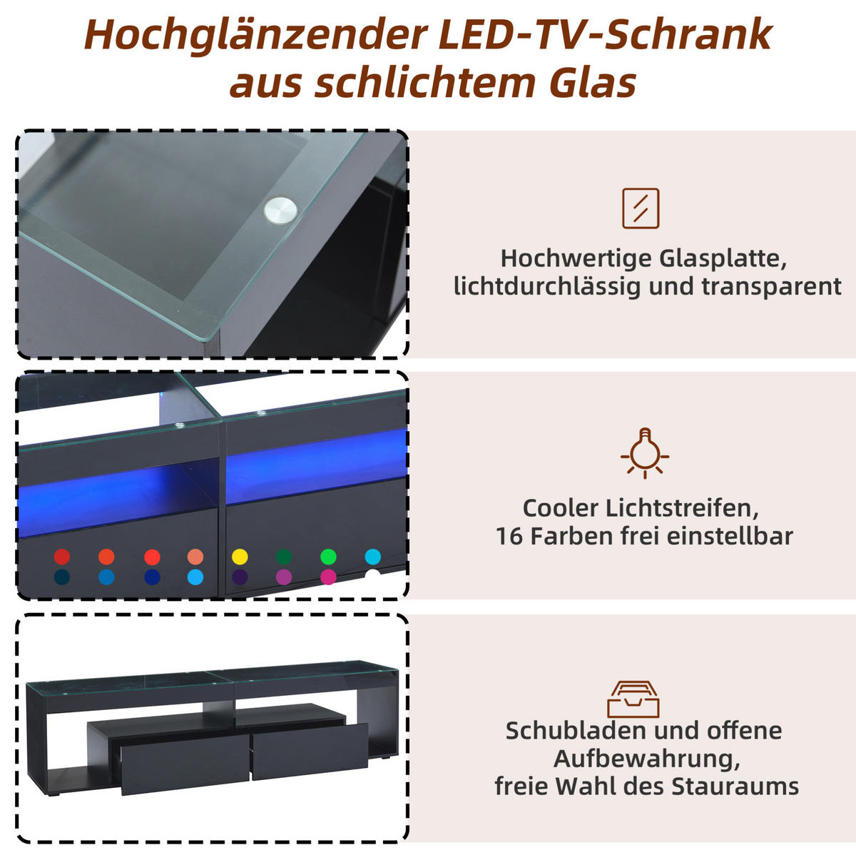 LOWBOARD 180/40/46 cm aus Spanplatte mit LED-Beleuchtung und 2 Schubladen Schwarz - Schwarz, Holzwerkstoff (180/46/40cm) - Modenvie