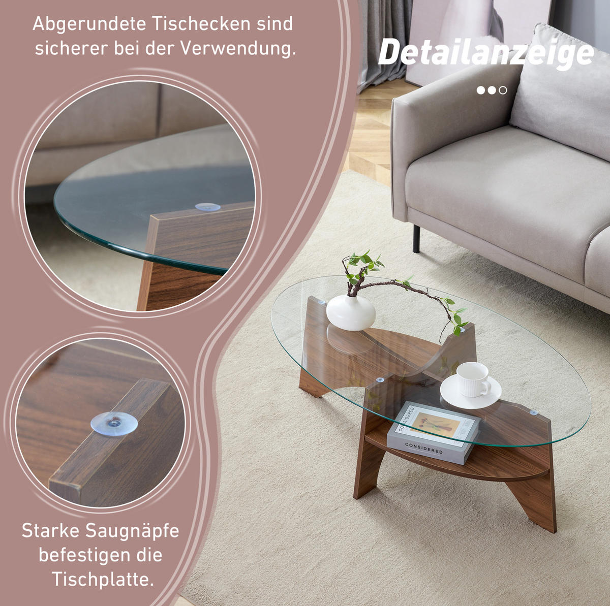 COUCHTISCH 104.9/60 cm Transparent/Nussbaum aus MDF und Sicherheitsglas mit Ablage - Nussbaumfarben, Holzwerkstoff (104.9/60/35.6cm) - OKMYHOME