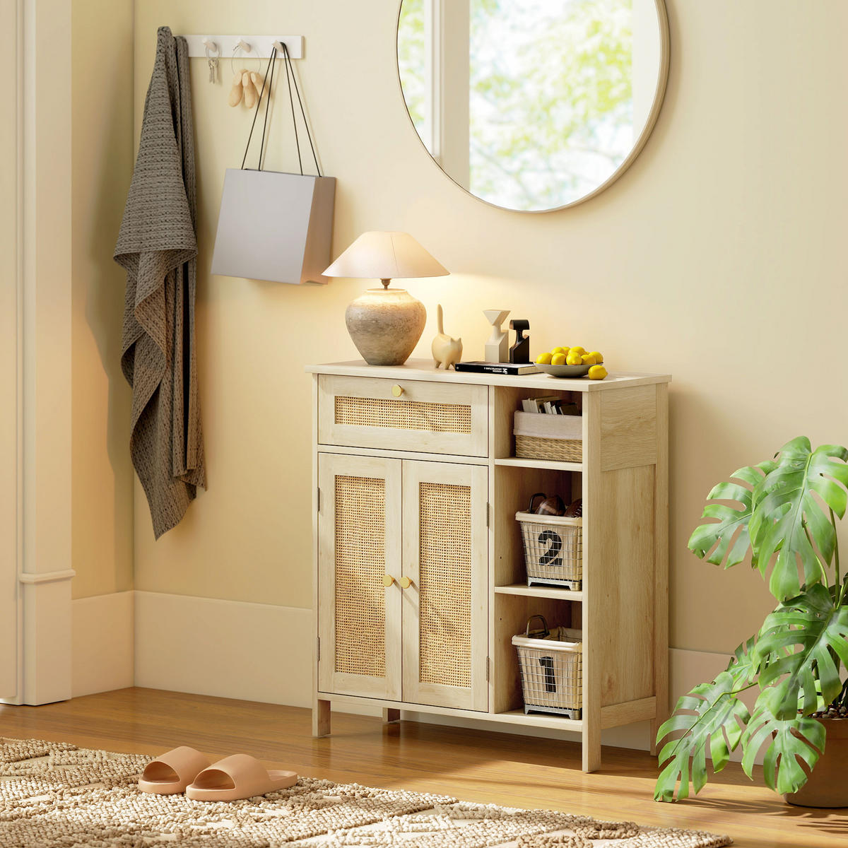 SIDEBOARD DE-11221 2 Rotintüren, Schublade Naturholz - Naturfarben, Holzwerkstoff (75/79.5/30cm) - ComfortXL