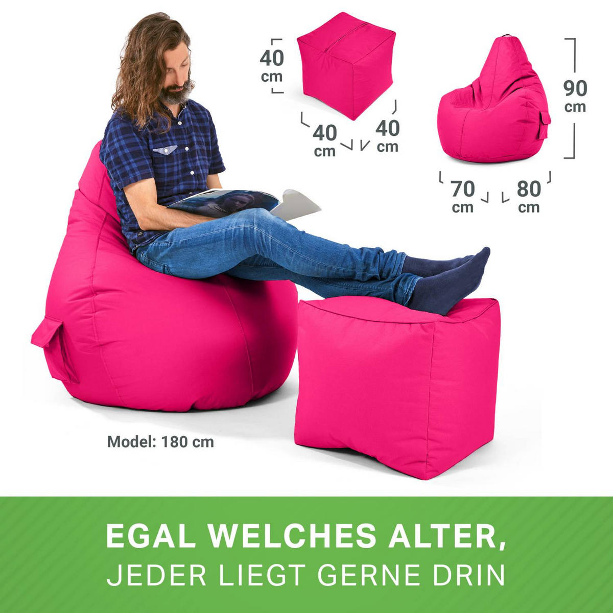 SITZSACK + Hocker "Cozy+Cube" 2er Set - Pink, Textil (70/90/80cm) - Green Bean