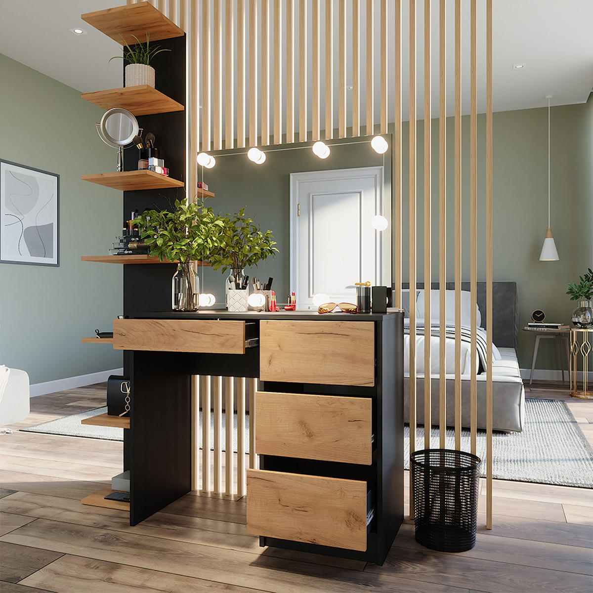 SCHMINKTISCH Sherry Anthrazit/Goldkraft Eiche 90 x 75 cm mit Spiegel & LED-Beleuchtung - Honigeiche/Anthrazit, Holzwerkstoff (90/75/40cm) - Vicco