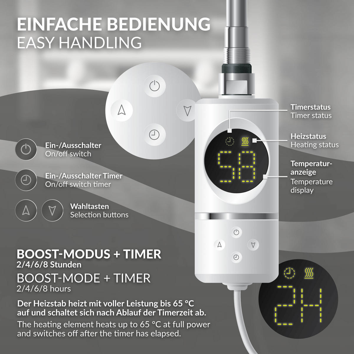 BADHEIZKÖRPER elektrisch Sahara 600x1200 mm Weiß gerade mit Heizstab 1200W Digital - Weiß, Metall (60/120/3cm) - LuxeBath