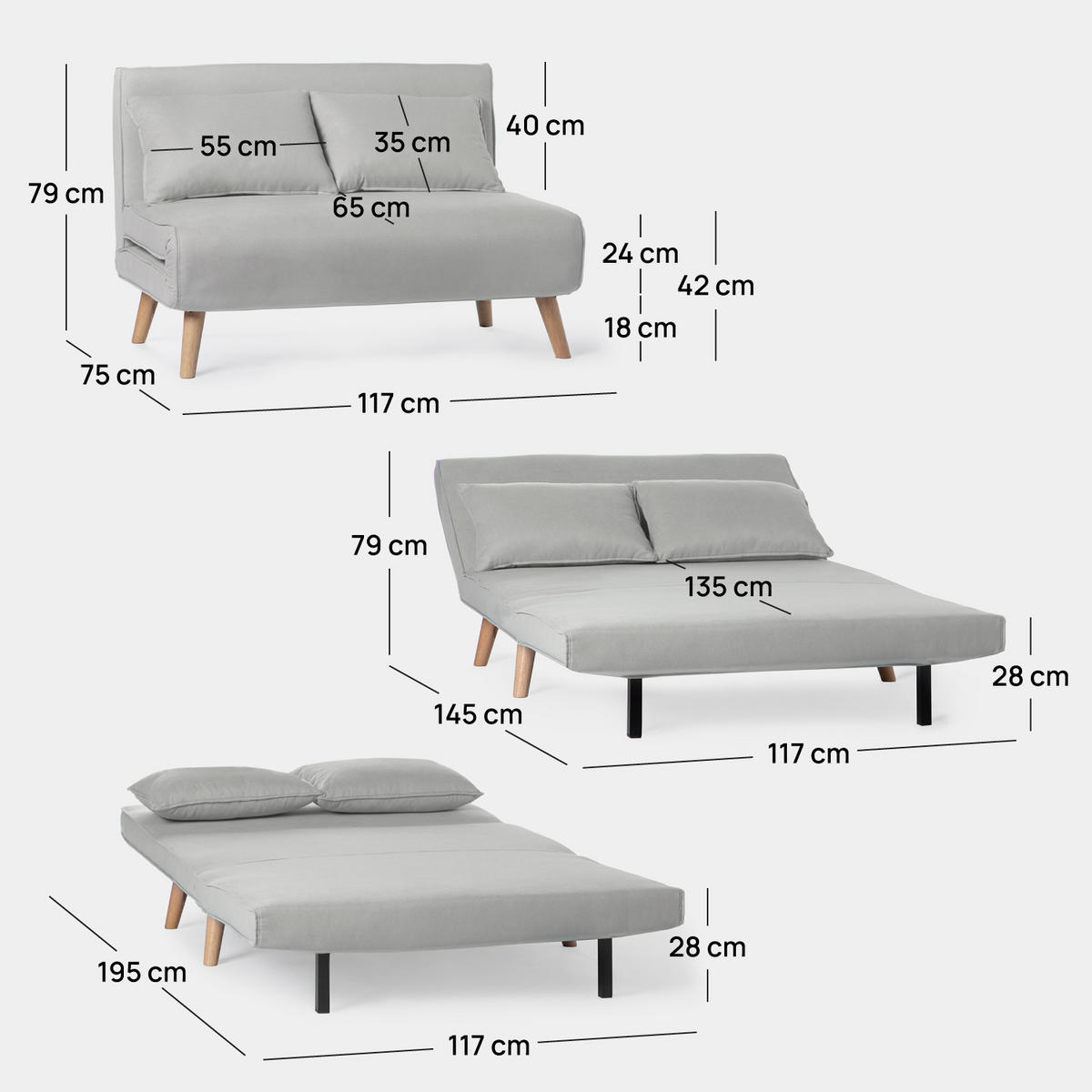 SCHLAFSOFA Noa Grau 117 cm x 79 cm - Grau, Textil (117/79/75cm) - Klast Home