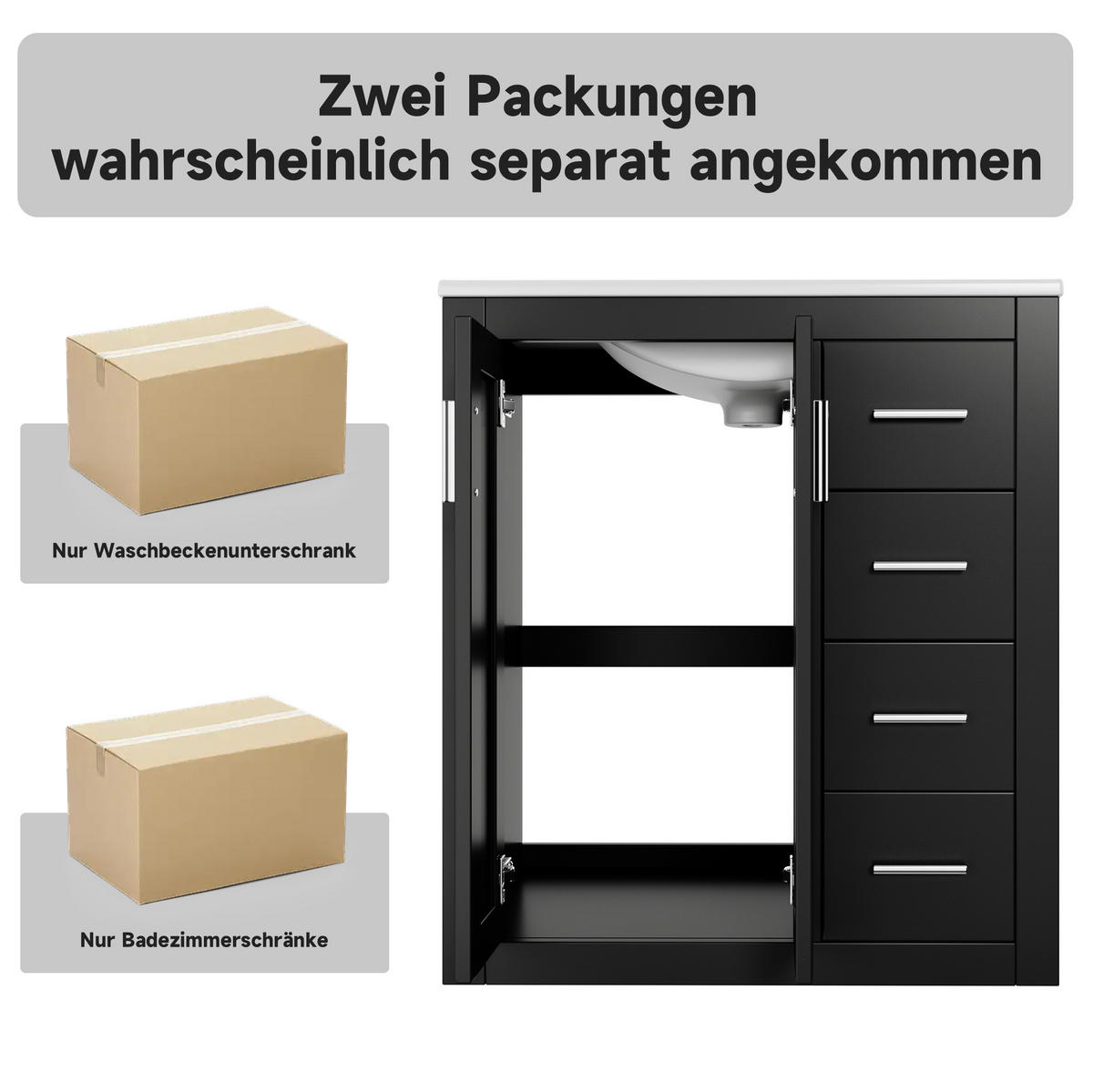 WASCHTISCHKOMBI 76/46,5/85,5 cm schwarz aus MDF und Keramik mit 3 Schubladen - Schwarz, Keramik (76/85.5/46.5cm) - OKWISH