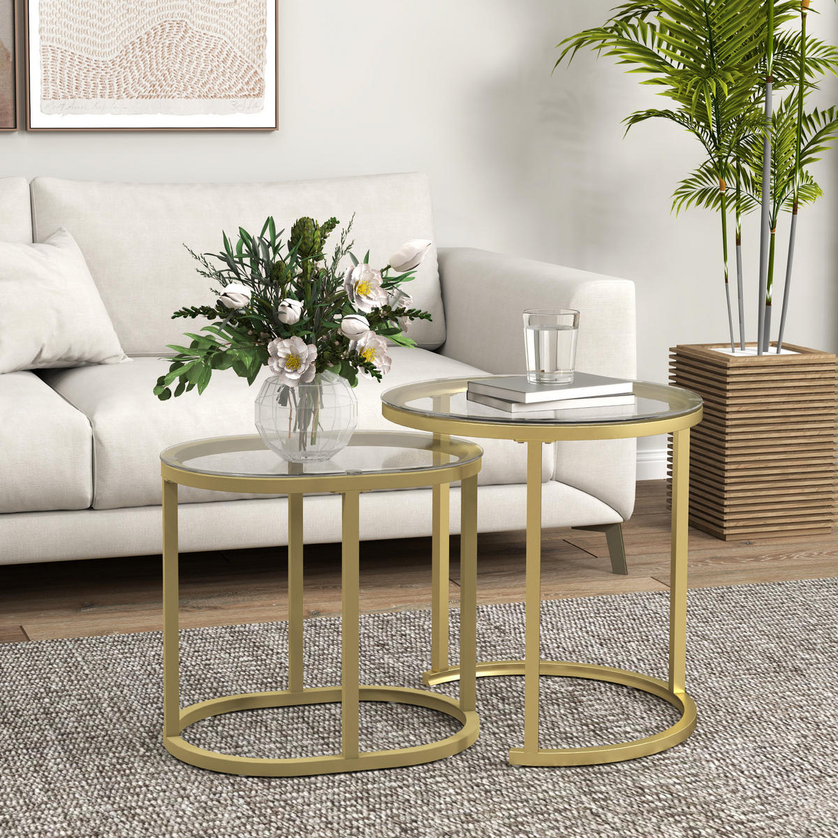 COUCHTISCH rund 2er Set Stapelbarer Beistelltisch mit Stahlrahmen für Wohnzimmer - Goldfarben, Metall (50/50/50.5cm) - HOMCOM
