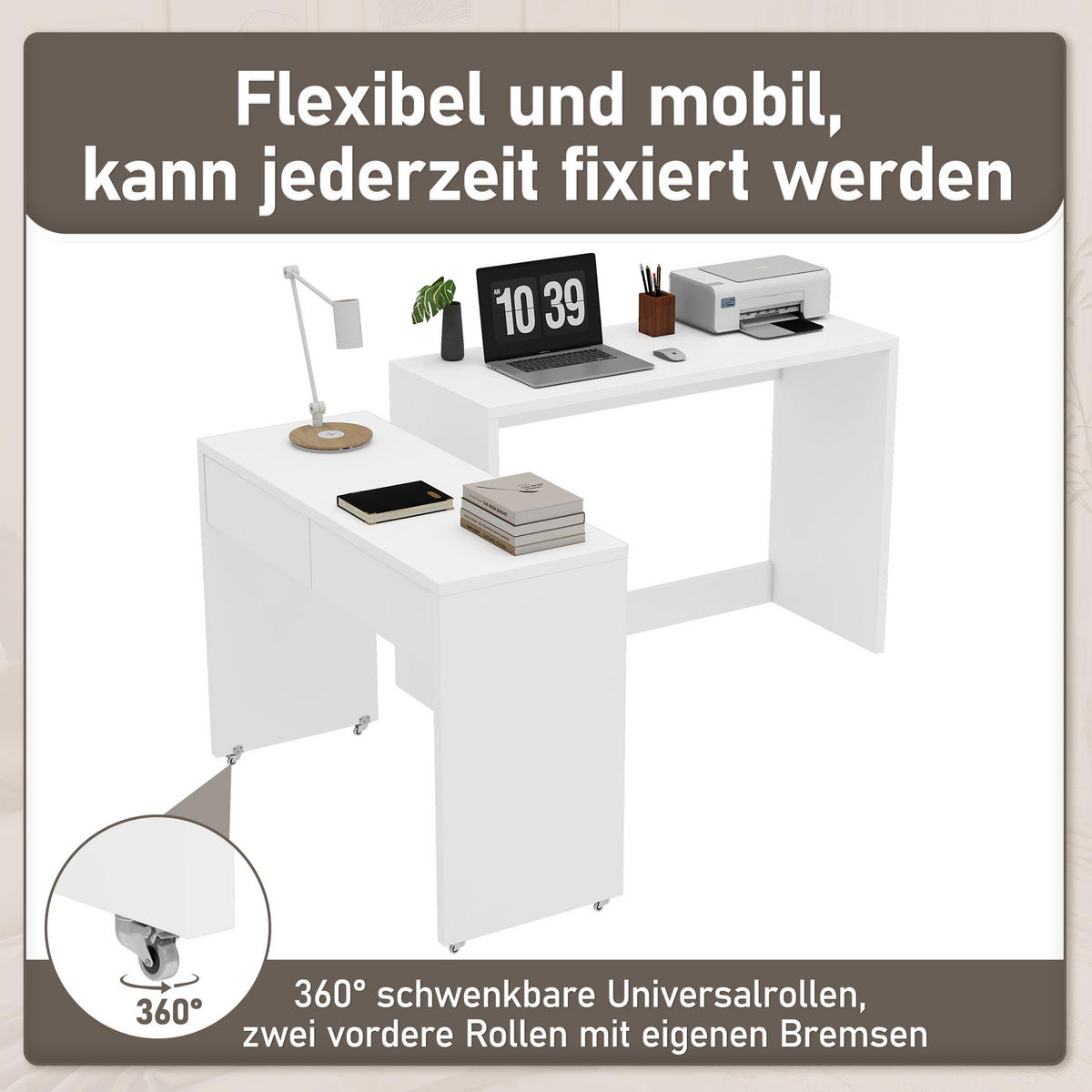SCHREIBTISCH 2-in-1 Kommode ausziehbar Rollen Holz 1,8cm modern - Weiß, Holzwerkstoff (110/40/78cm) - FLIEKS